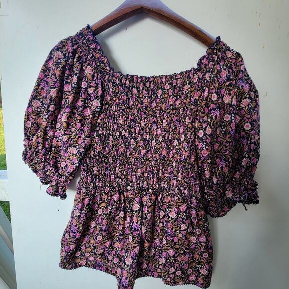 Old Navy Pink Floral Peasant Top Shirt Blouse Sz Medium Stretchy Light - Picture 7 of 8